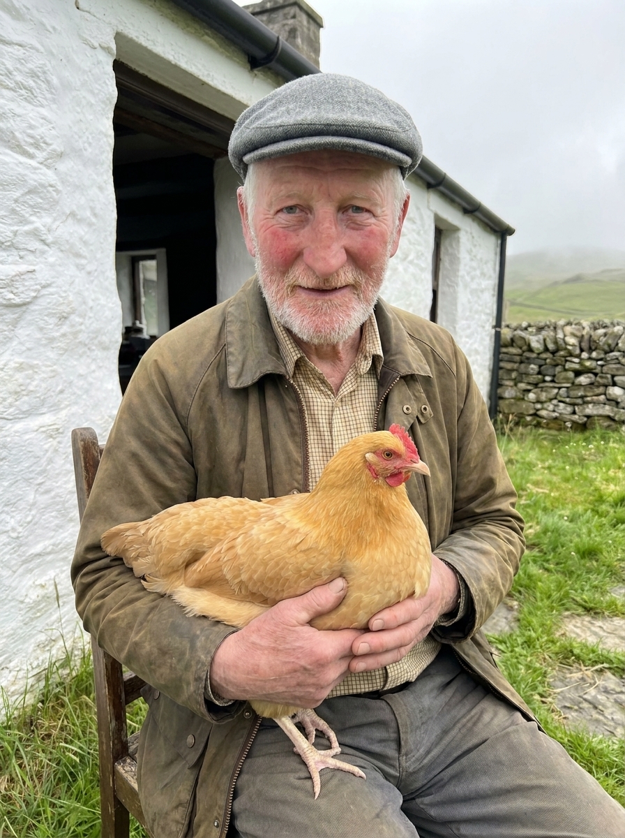 Angus Douglas outside the croft, holding one of his hens.