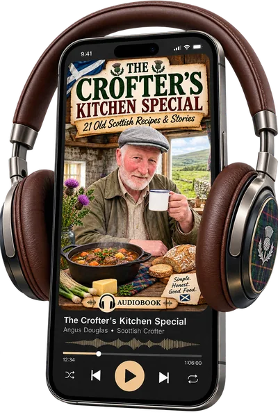 The Crofter's Kitchen Special audiobook, playing on a phone.