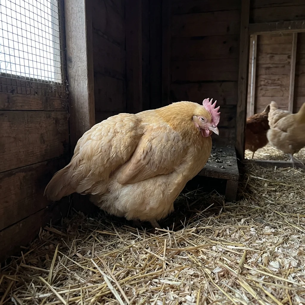 A buff hen hunched in the corner of a henhouse, feathers up and comb pale.