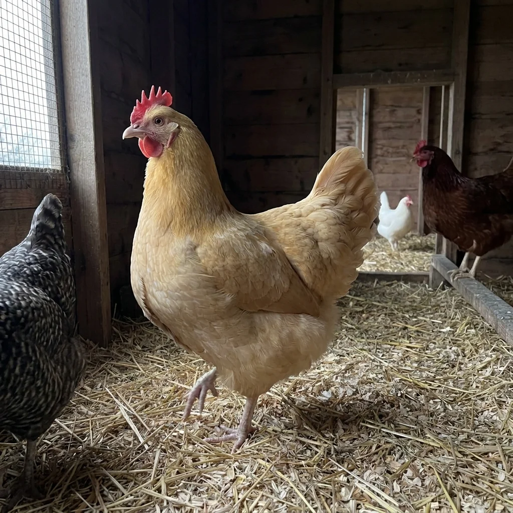 The same buff hen standing upright and alert in the henhouse.